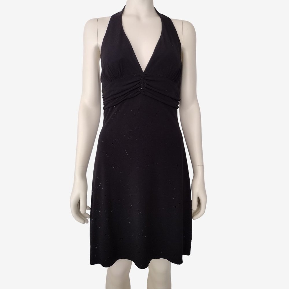 Vintage 1990s Black Glittering Jersey Knit Plunge Neck Halter Dress